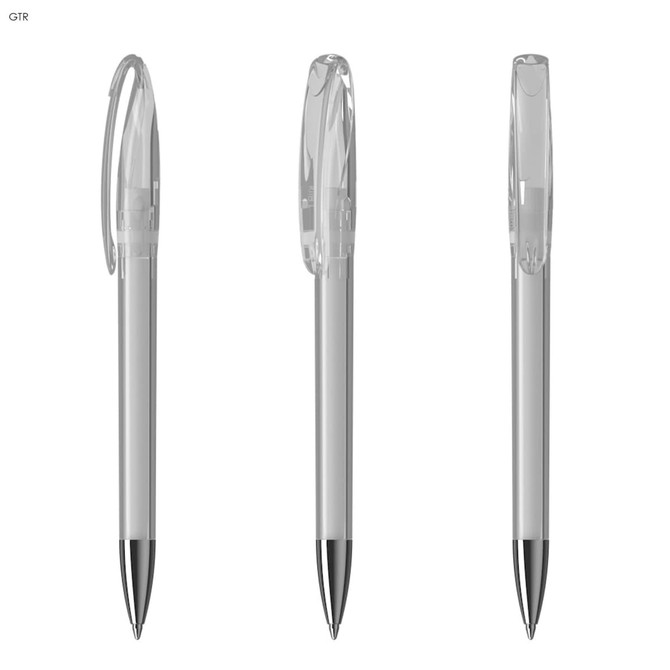 Three transparent plastic pens with clear barrels and black tips, featuring a clip on the top.
