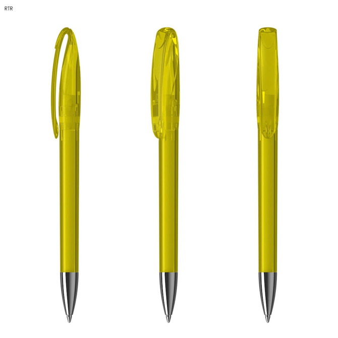 Three transparent yellow plastic pens with silver tips, featuring a clip for convenient attachment.