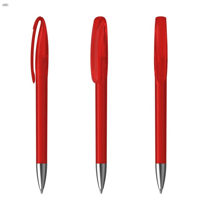 A red plastic pen with a clear grip and silver metal tip, featuring a logo on its side.