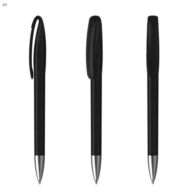 A plastic pen in black with a silver tip, featuring a clip on the side. The pen is shown from three angles.