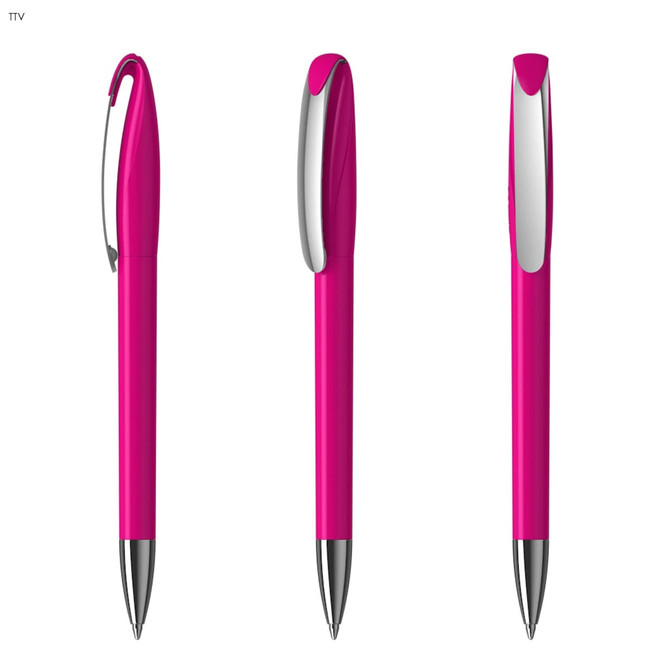A pink plastic pen with a glossy finish and a silver clip, displayed from three angles.
