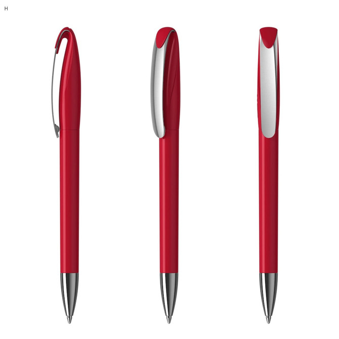 A red plastic pen with a sleek design and a shiny silver clip, showcased in three different angles.