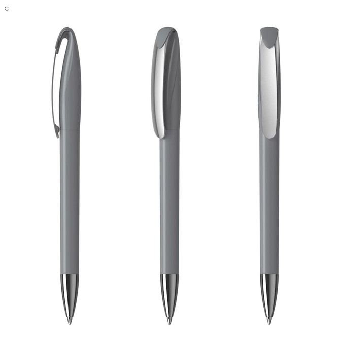 A set of grey plastic pens featuring a sleek design and metallic accents. Each pen has a clip and a smooth finish.
