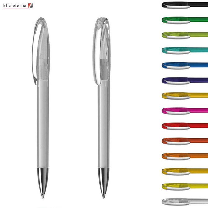 Transparent plastic pens in various colours, displayed alongside a pen with a clear barrel and black tip. Features branding.