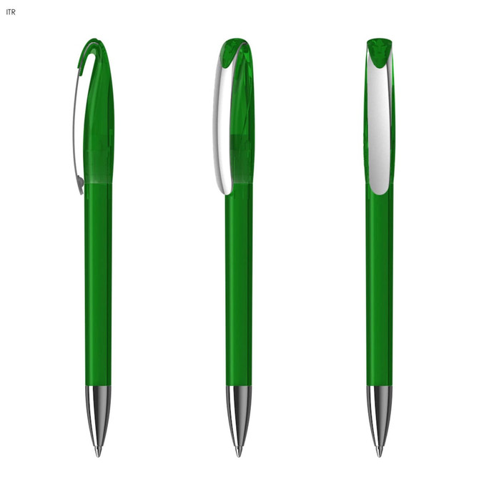 A green plastic pen with a transparent body and a silver clip, displayed from three different angles.