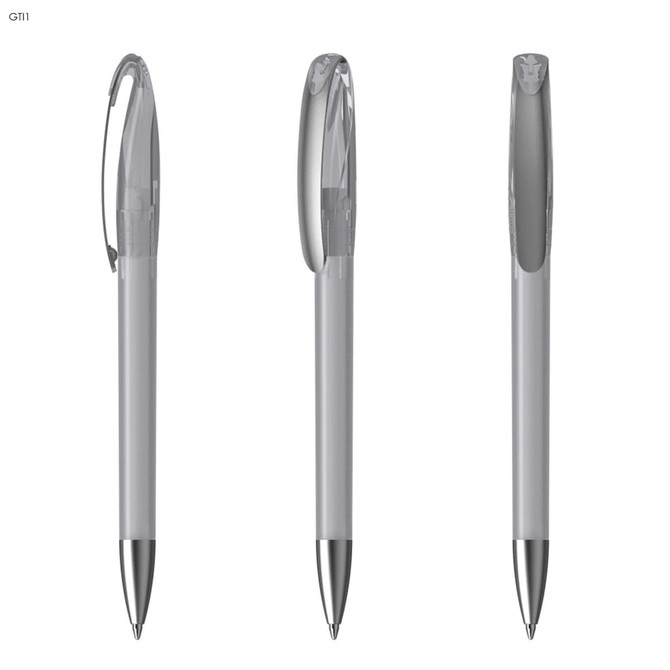 A set of grey plastic pens featuring a clip and a silver tip, with a logo on the cap.