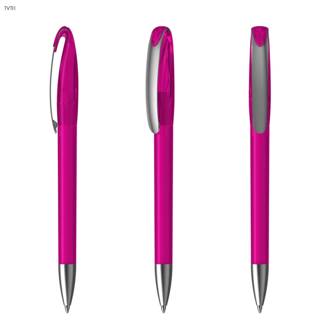 A set of three pink plastic pens with silver detailing and a clip. Each pen has a sleek, streamlined design.
