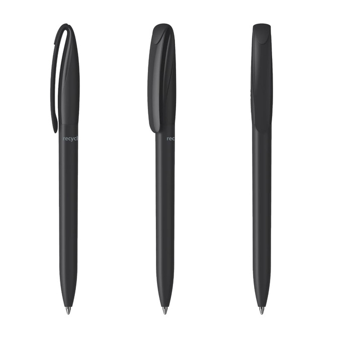 A set of three black plastic pens with a sleek design, featuring a clip and a branding logo.
