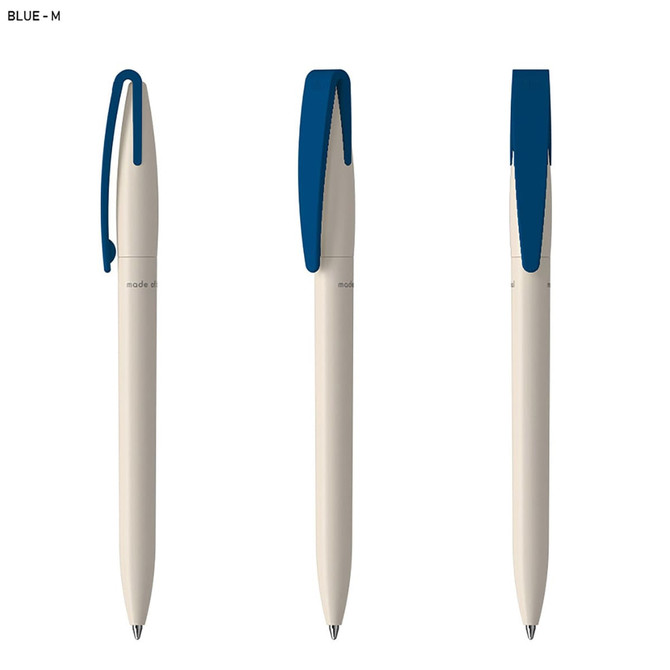 A pen with a cream body and blue accents, featuring a clip and a smooth design. It includes branding.
