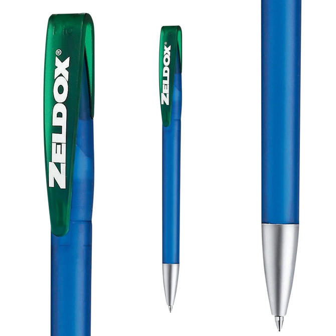A blue plastic pen with a green clip and a silver tip, featuring a logo on the clip.