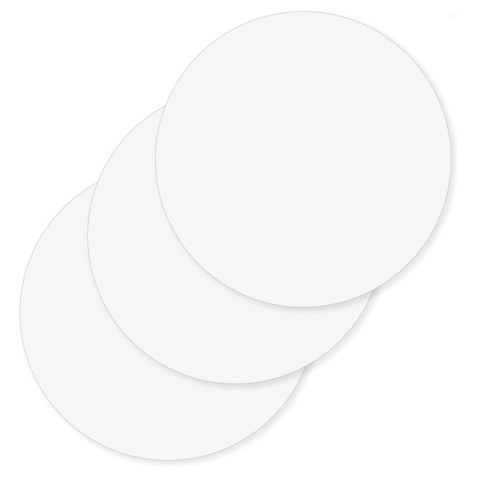 Three round, white cardboard coasters stacked together, featuring a smooth surface and a simple design.