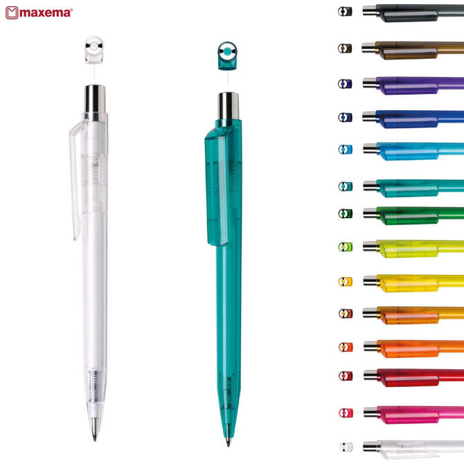 Two plastic pens, one clear and one green, alongside a range of colourful pen options. Each pen features a logo.