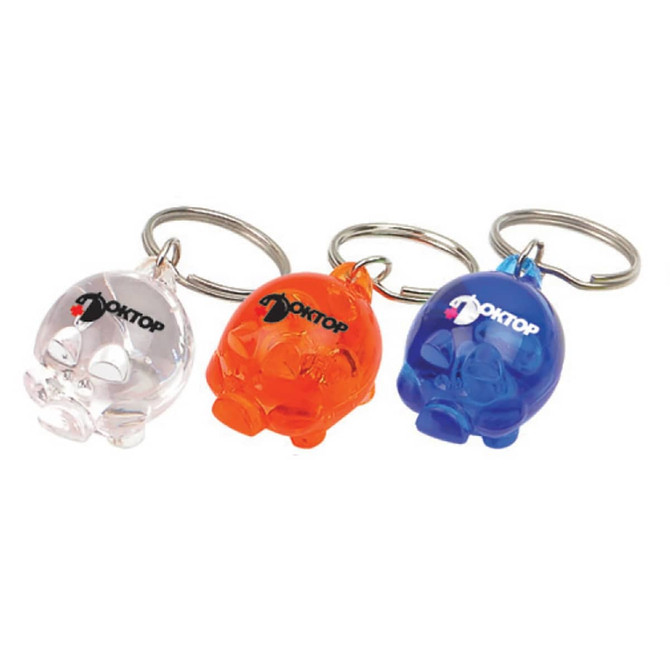 A set of three key tags in clear, orange, and blue, featuring a skull design and a logo.