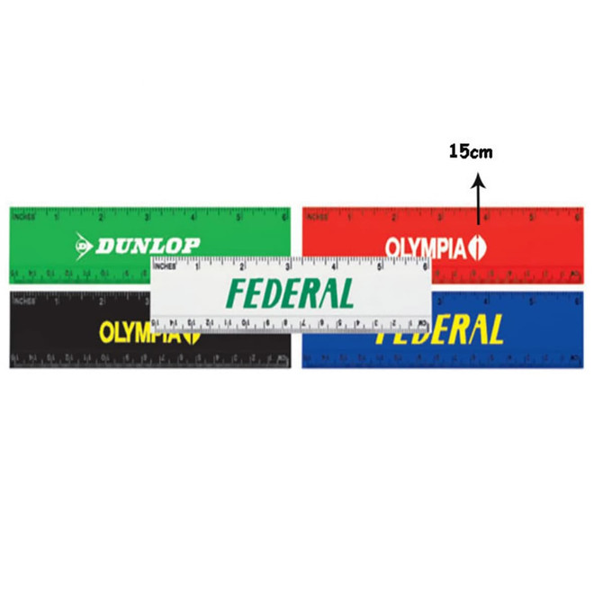 A collection of colourful 15cm rulers in green, black, red, and white, featuring various logos.