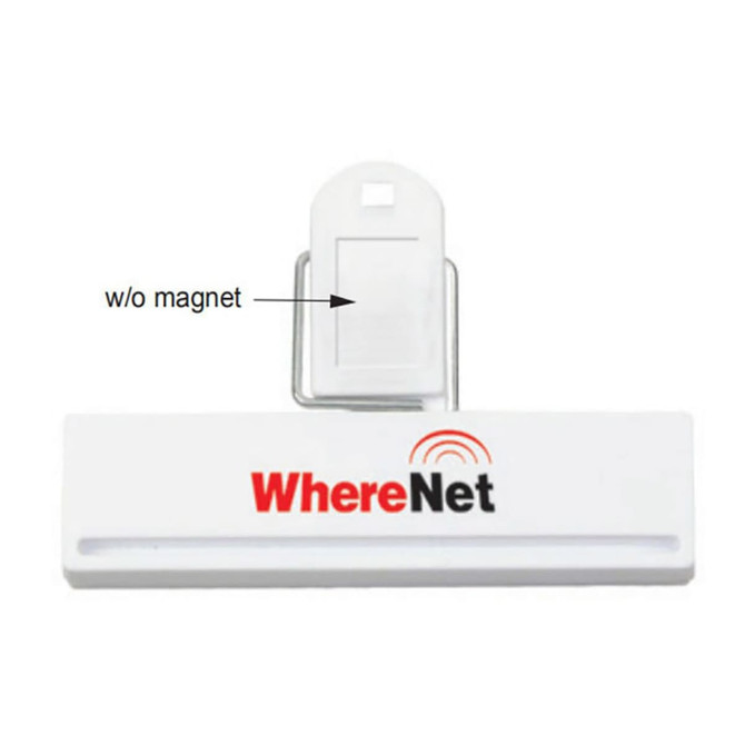 A white clipboard with a metal clip, featuring a logo on the front. It does not have a magnet.