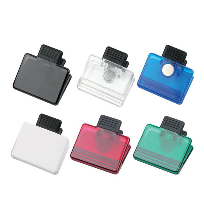 Square shape clips with magnets in black, clear, blue, red, white, and green. Each clip has a logo or branding.