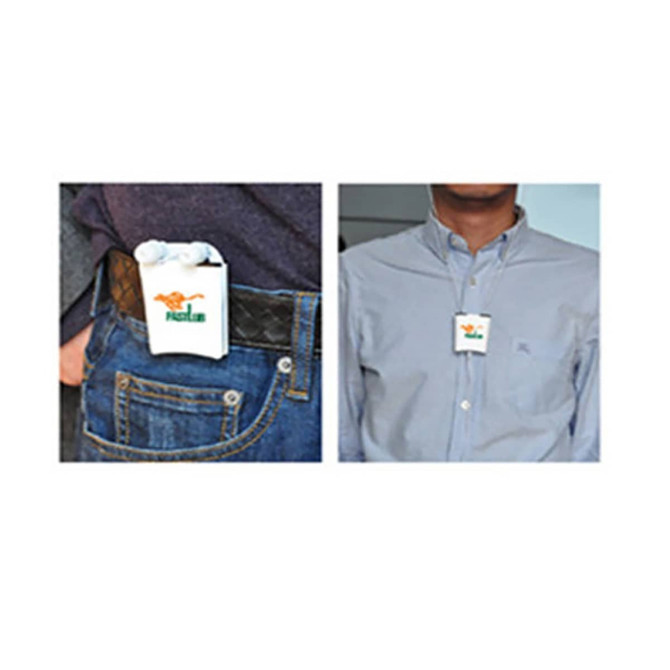 A pair of white earbuds in a compact carrying case, featuring a logo, attached to a belt and worn on a shirt.