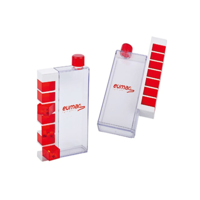 A clear drink bottle with a red cap and a white pillbox integrated on the side. The bottle features a logo.