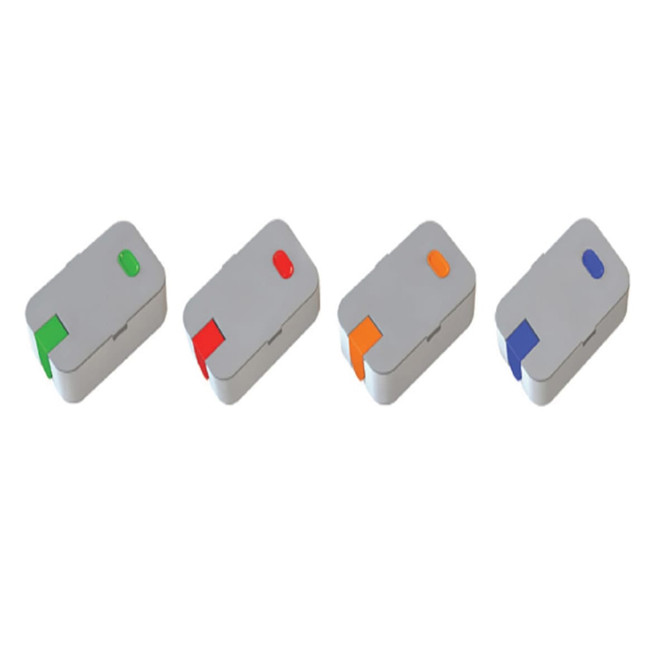 A set of four lunch boxes in grey, featuring coloured clips in green, red, orange, and blue. Each box has a logo.