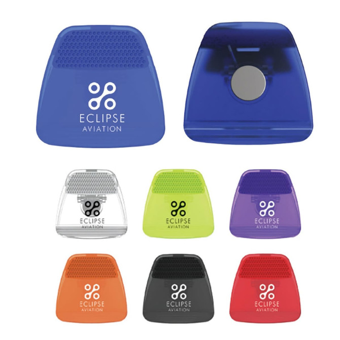 A collection of cable tidies in various colours: blue, clear, green, orange, black, and purple, featuring a logo.