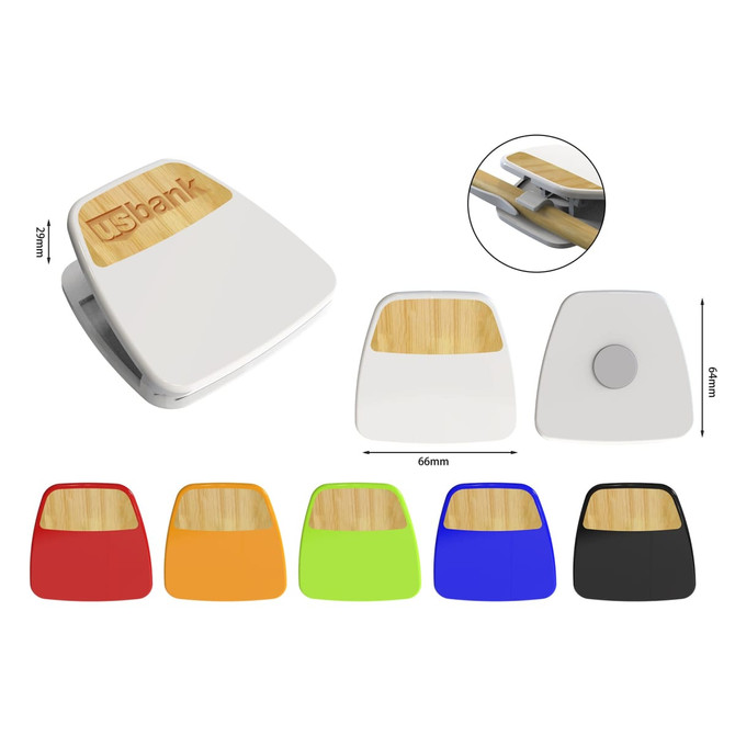 A keyring product in various colours including white, orange, green, blue, black, and red, featuring a bamboo accent and a logo.