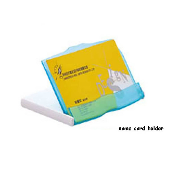 A transparent name card holder with a blue and green design, featuring a card slot for business cards.