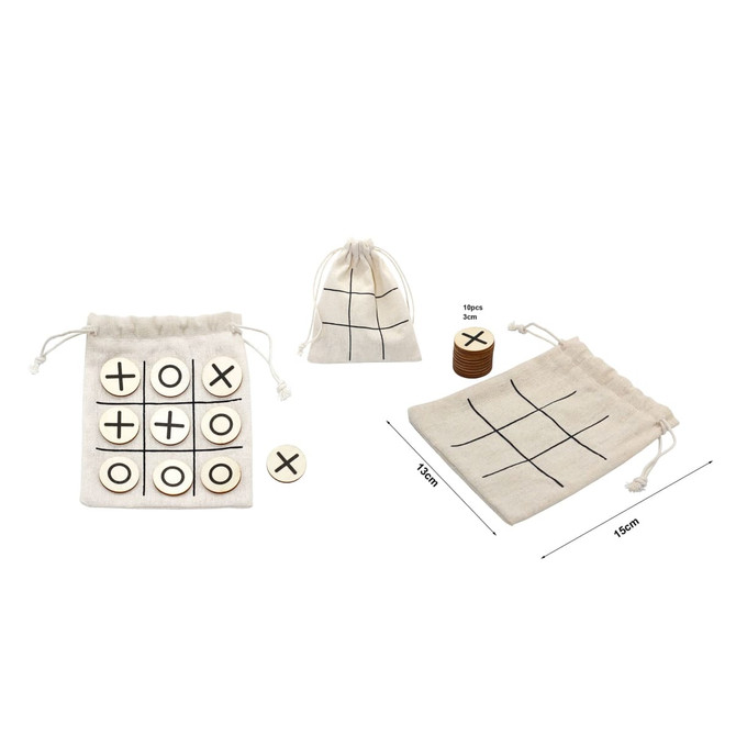 A set of tic-tac-toe game pieces in a cream drawstring bag, featuring wooden X and O discs and an additional cloth bag.