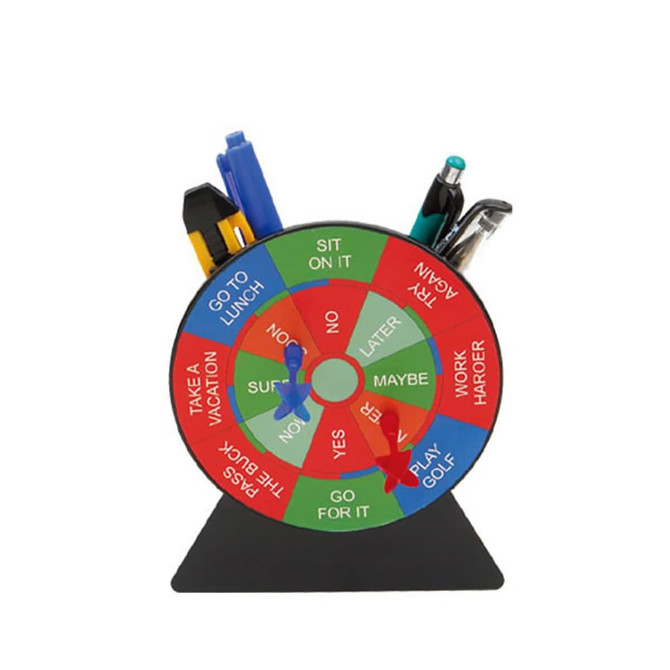 A pen holder in the shape of a colourfully designed spinning wheel, featuring various prompts and with multiple pens.
