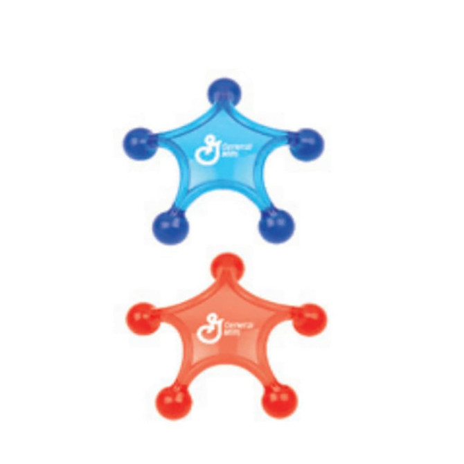 A blue and a red massager shaped like a star, featuring rounded ends and a logo on one side.