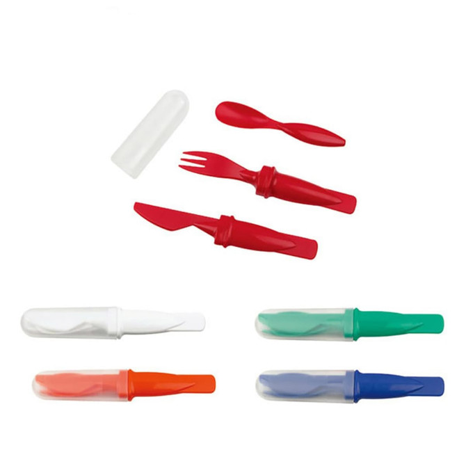 A cutlery set featuring red, green, and white utensils, each with a protective case.