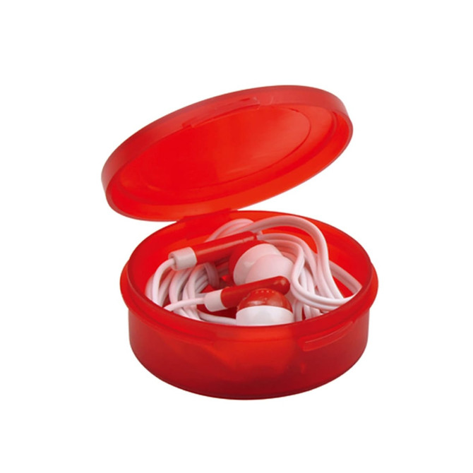 A red case containing white earbuds with a red accent, neatly coiled inside.