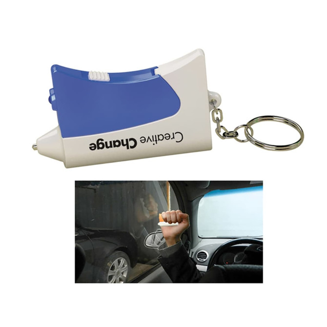 A blue and white emergency hammer keyring tool with a keychain attachment and a logo.