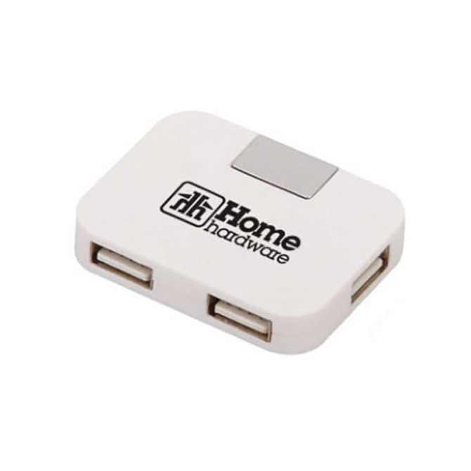 A rectangular white USB hub with two ports and a logo.