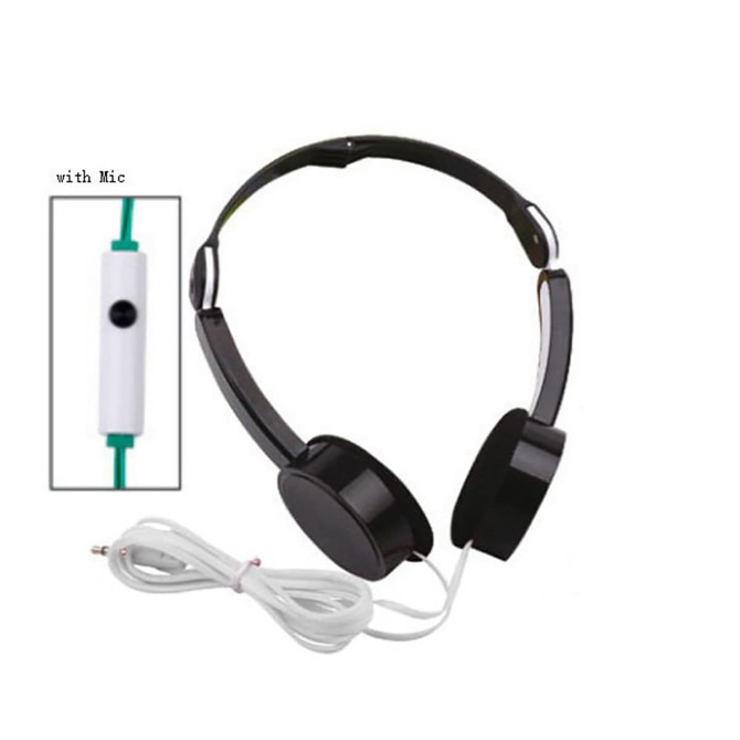 Foldable black headphones with a microphone, featuring a white control panel and a white audio cable.