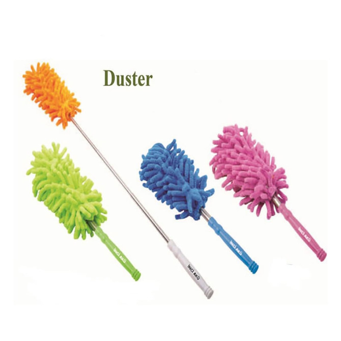 A set of four dusters with colourful microfiber heads: orange, green, blue, and pink, attached to extendable handles.