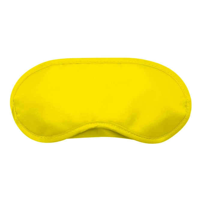 A bright yellow sleep eye mask with a smooth texture and a simplistic design. It features a logo on the surface.