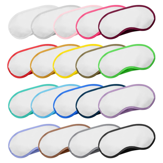 A collection of eye masks in various colours, featuring a soft surface and contrasting edges. Some have branding.