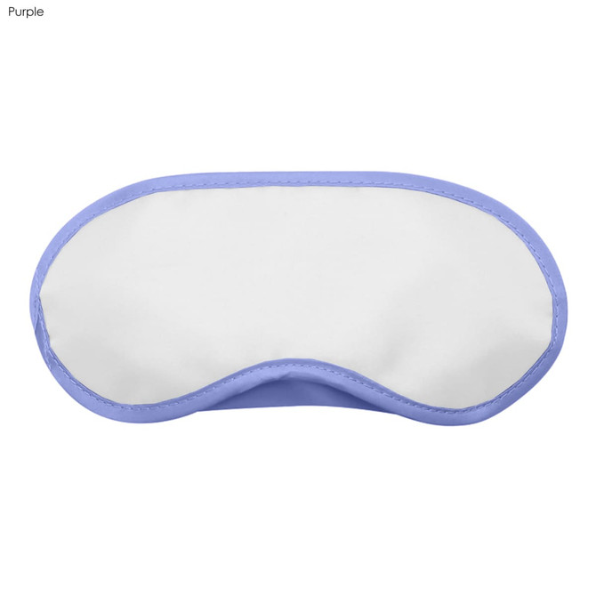 A purple and white sleep eye mask with a smooth surface and a contoured shape. Features a logo.