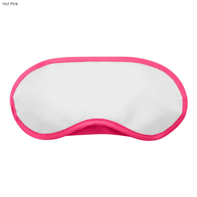 A hot pink sleep eye mask with a white centre and contrasting pink trim. Includes a logo.