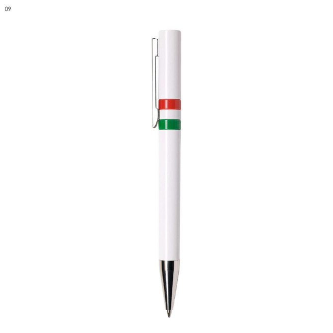 A white plastic pen with red and green stripes and a silver clip. It has a sleek design and a shiny tip.