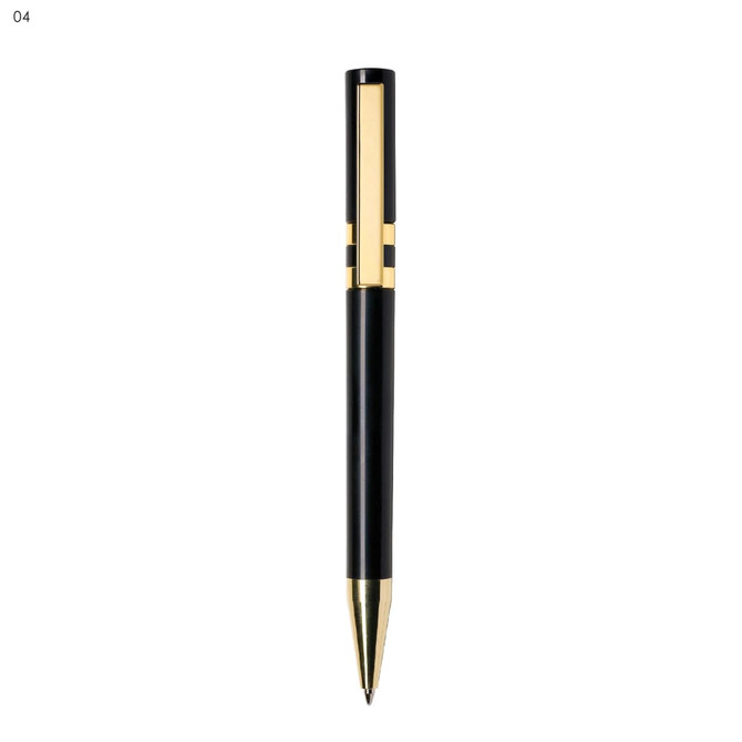 A metal pen in black with gold accents, featuring a sleek design and a visible logo.