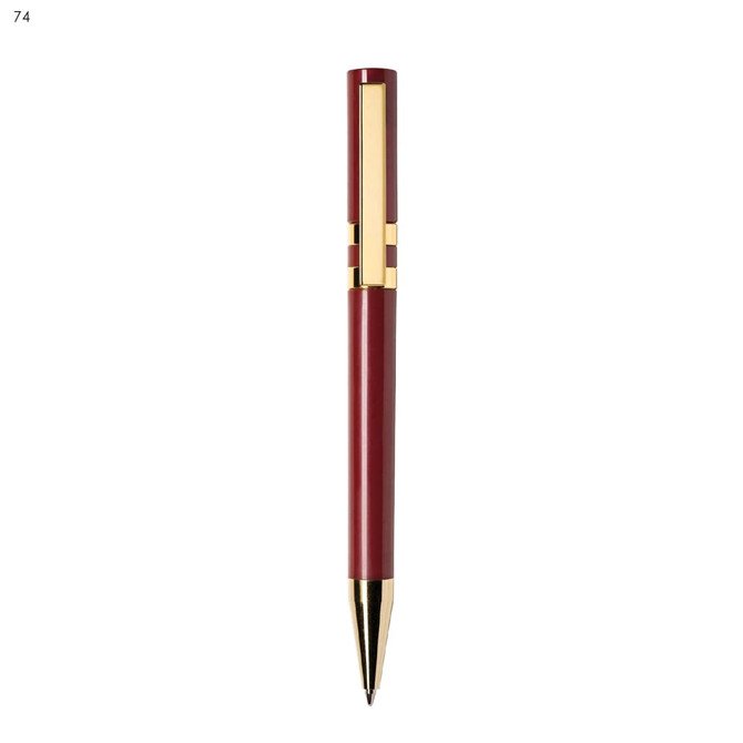 A metal pen in burgundy with gold accents, featuring a sleek design and a branding logo.