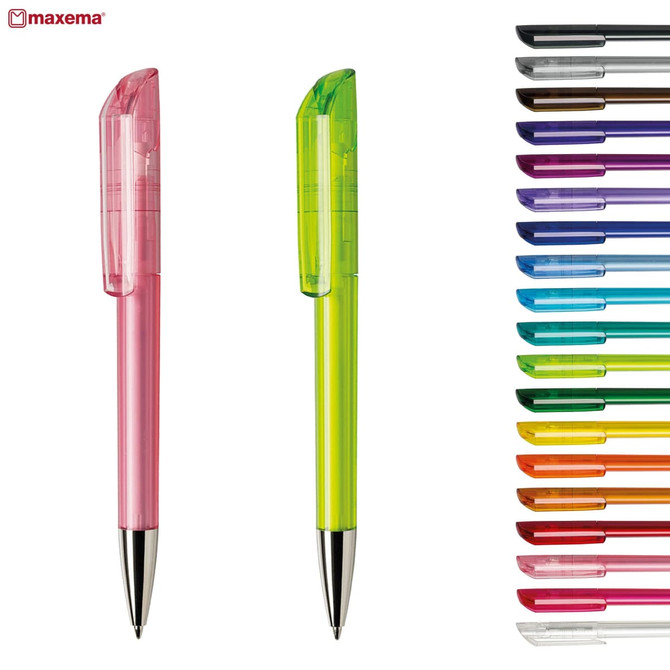 Two plastic pens in pink and green, featuring a transparent design, alongside a variety of pens in multiple colours.