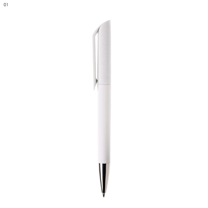 A white plastic pen with a textured grip and a shiny silver tip. The pen features a branding logo.
