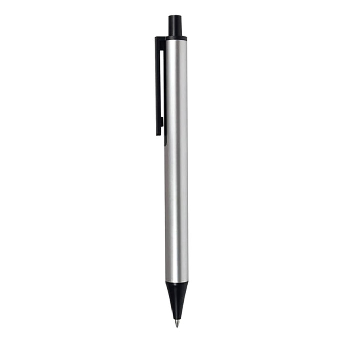 A metallic silver pen with a black clip and a black tip. The pen features a logo on its body.
