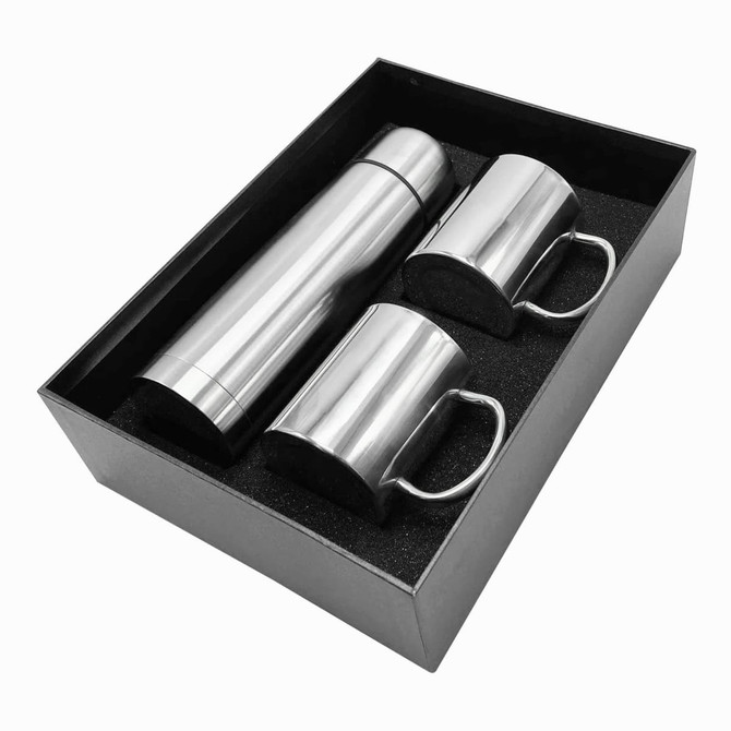 A drink bottle and two metallic mugs in a black gift box with a foam insert. The set has a sleek, polished finish.