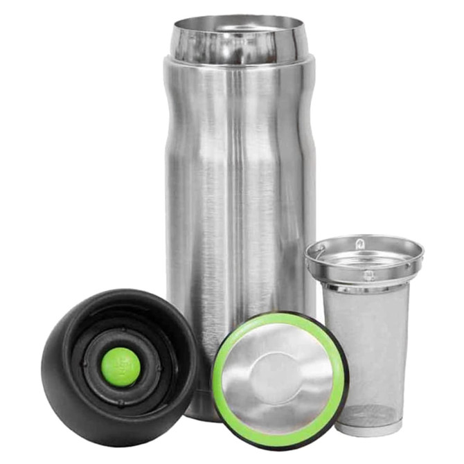 A drink bottle made of stainless steel with a black and green infuser and lid. It features a sleek, modern design.