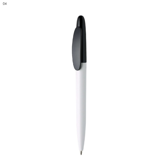 A white plastic pen with a black cap and a branding logo on the side.