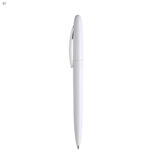 A plastic pen in white with a smooth barrel design and a clip on the side. It has a branding logo.