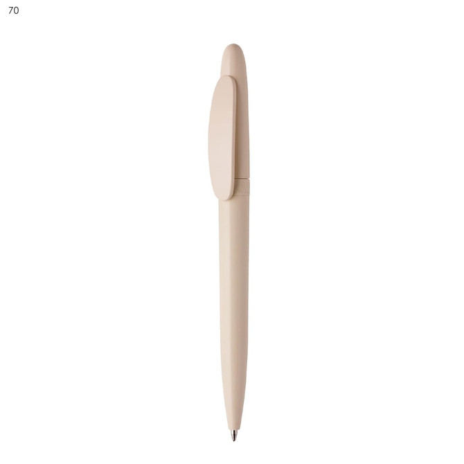 A beige plastic pen with a sleek design and a clip for easy attachment. It features a logo on the barrel.